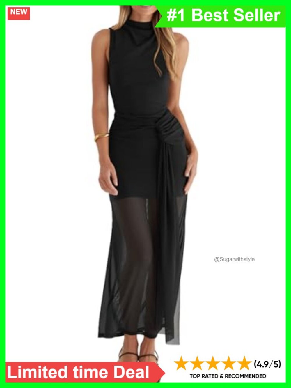 Women's Sleeveless Mock Neck Ruched Mesh Bodycon Maxi Dress Cocktail Wedding